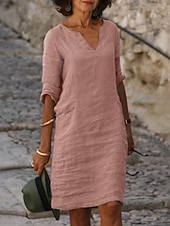 abordables Vestidos-vestido midi de mujer vestidos con tacto de lino vestido recto vestido casual básico clásico diario exterior vacaciones corte regular color liso color puro manga corta cuello en V azul amarillo rosa verde