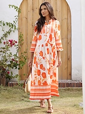 economico Abiti floreali-Per donna Abito da festa Largo Maxi in Raso Abito maxi Arancione Maniche a 3/4 Fiori e Piante Fiori / Piante Stampa Primavera Primavera ed Estate Scollo a V Collo alla coreana Vestiti Abito da vacanza