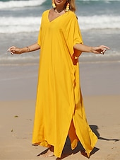 abordables Robes décontractées blanches-robe blanche Robe casual Robe d&#039;été Femme robe longue Fendu Rendez-vous Vacances Plage Maxi basique Col V Demi Manches Ample Noir Blanche Jaune Taille unique