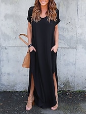 preiswerte T Shirt-Kleider-Damen Casual kleid kleid lang Baumwolle Tasche Gespleisst Verabredung Maxi Basic V Ausschnitt Kurzarm Schwarz Weiß Rosa Farbe