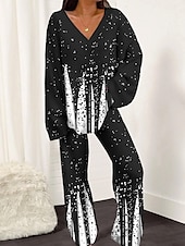 preiswerte grafische Nachtwäsche-Damen-Pyjama-Sets mit geometrischem Blumenmuster, modisch, weich, für den Alltag, Polyester, atmungsaktiv, V-Ausschnitt, langärmelige Hose, Frühlings-Home-Outfits