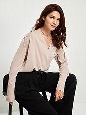 billige Bluser og skjorter-langermet bluse for kvinner uformell essensiell arbeidstop satengbeige v-hals imitert omslagsbluse