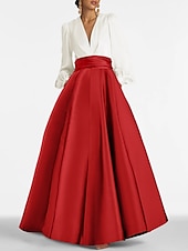 economico viola-Abito da Sera A-Line Elegante Abito per Ospiti di Matrimonio Formale Lunghezza Completa Manica Lunga V Neck Satinato con Pieghe