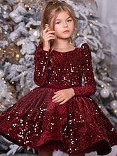 cheap Flower Girl Dresses-Kids Little Girls&#039; Dress Solid Colored A Line Dress Sequins Ruched Yellow Red Knee-length Long Sleeve Cute Sweet Dresses Winter Fall Regular Fit 3-12 Years / Satin