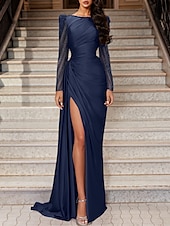 cheap PURPLE-Mermaid Evening Gown Elegant Dress Wedding Guest Black Tie Sweep / Brush Train Long Sleeve Jewel Neck Satin with Ruched Slit Masquerade Dress