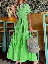 abordables Robes-chemises-robe chemise femme robe décontractée rayure lacets volants col chemise robe longue robe maxi vacances manches courtes été printemps
