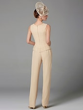 cheap Mom&#039;s Pant Suits-Beach Wedding Jumpsuit / Pantsuit 3 Piece Mother of the Bride  Formal Wedding Guest Elegant Plus Size Wrap Included Bateau Neck Floor Length Chiffon Long Sleeve Wrap Included with Beading
