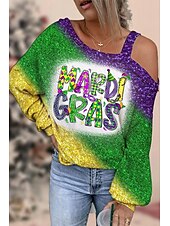 billige Kvinne Grafiske Topper-dameskjorte bluse mardi gras skjorte mote hjerte vanlige topper lange ermer en skulder print regular fit karneval avslappet gå ut lysegrønn grønn vår &amp;amp; høstens karnevalstema