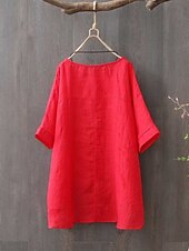 cheap Shirts-Women&#039;s Shirt Blouse Cotton Linen Shirts Plain Fashion Round Neck Casual Pocket Asymmetric Hem Army Green Red Blue Summer