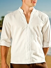 cheap Vacation-Men&#039;s Shirt Linen Shirt Cotton Linen Shirt White Cotton Shirt Chinese Collar Shirt Mandarin Collar Shirt Plain Vacation Casual White Long Sleeve V Neck Spring &amp;  Fall Clothing Apparel