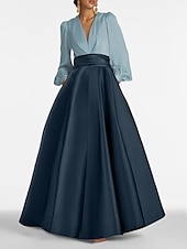 economico viola-Abito da Sera A-Line Elegante Abito per Ospiti di Matrimonio Formale Lunghezza Completa Manica Lunga V Neck Satinato con Pieghe