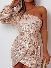 tanie Sukienki z cekinami-Damskie Sukienka mini Cekinowa sukienka Sukienka na imprezę Sukienka koktajlowa Sukienka dla gościa weselnego Impreza Zimowe ubranie Urlop Walentynki Regularny Równina Długi rękaw Na jedno ramię