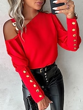 preiswerte Sexy Oberteile für Damen-Damen Bluse elegant Patchwork Puffärmel Langarm One Shoulder Casual Schwarz Weiß Rot Blau Herbst&amp;amp; Winter