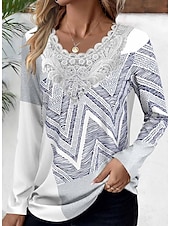 ieftine topuri tunică-Bluză tunică pentru femei modă imprimeu abstract cu fluturi dantelă mânecă lungă topuri obișnuite gât rotund casual negru alb albastru khaki gri primăvară și toamnă