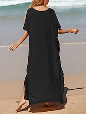 abordables Robes décontractées blanches-robe blanche Robe casual Robe d&#039;été Femme robe longue Fendu Rendez-vous Vacances Plage Maxi basique Col V Demi Manches Ample Noir Blanche Jaune Taille unique
