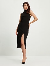 ieftine rochie midi neagra-rochie neagra dama rochie fara maneci cu crapatura inalta rochie de petrecere midi cu gat inalt