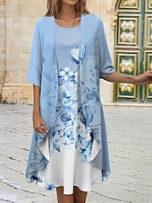 abordables Robe Fleurie-Robe de graduation pour femmes Robe midi Robe d&#039;invitée Cocktail Robe en chiffon Décontractée Élégante Ensemble de deux pièces Printemps Col rond À manches courtes Imprimé floral Ajustement ample