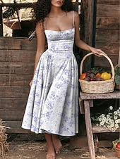 preiswerte Lässige Blumenkleider-Damen abendkleider Cocktailkleid Kleid für Hochzeitsgäste Rüschen Rückenfrei Spaghetti-Träger Ärmellos Blumen Midikleid kleid hochzeitsgast Cocktailparty Elegant Rote Blau Sommer Frühling