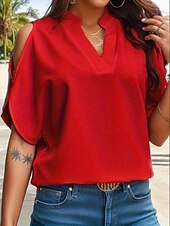 voordelige Sexy topjes voor dames-Overhemd Blouse Dames Wit Rood Groen Bloemig Effen Uitknippen Casual Modieus V-hals Normale pasvorm S