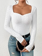 お買い得  レディースセクシートップス-Tシャツ アイレットトップ 女性用 ブラック ホワイト 平織り レーストリム 日常 ファッション スクエアネック スリム S