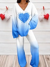 billiga grafiska sovkläder-Valentin Kvinnors Loungewear Set 2 Delar Hjärta Mode Komfort Mjuk Hem Daglig Spandex Andningsbar V-Dra Lång Ärmar T shirt Tee Byxor Sommar Vår Hem Kläder