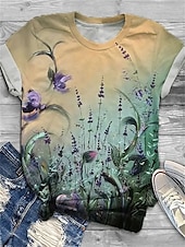 billige Blomster t-skjorte-kvinners t-skjorte mote blomsterprint kortermede vanlige topper rund hals ferie helg gul rosa blå lilla grønn vår &amp;amp; sommer