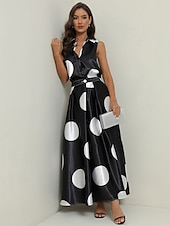ieftine Rochii Business-Pentru femei Rochie Maxi lungă Rochii Tip Cămașă Rochie din satin Epocă Vacanță Fit regulat Buline Fără manșon Guler Cămașă Negru Alb Trifoi Vară Primăvară