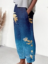billige Straight-Leg Bukser-Dame bomulls- og linbukser Baggy bukser Lin-lignende aktiv mote Lang Midje Blomster Lomme Snor trykk Pustende Utendørs Komfortabel Mikro-elastisk Gate Daglig
