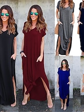 preiswerte T Shirt-Kleider-Damen Casual kleid kleid lang Baumwolle Tasche Gespleisst Verabredung Maxi Basic V Ausschnitt Kurzarm Schwarz Weiß Rosa Farbe