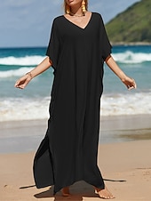 abordables Robes décontractées blanches-robe blanche Robe casual Robe d&#039;été Femme robe longue Fendu Rendez-vous Vacances Plage Maxi basique Col V Demi Manches Ample Noir Blanche Jaune Taille unique
