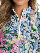 cheap Polos &amp; Quarterzips-Women&#039;s Golf Polo Shirt Blue Long Sleeve Top Floral Ladies Golf Attire Clothes Outfits Wear Apparel