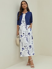 preiswerte Blumenkleid-Damen Midi Kleid Zweiteiliges Kleid Set Freizeitkleid Druck Kleid Alltag Urlaub Mode Elegant Taschenprint Rundhals Halbärmel Floral Regular Fit Schwarz Marineblau Grün Sommer Frühling S M L XL XXL