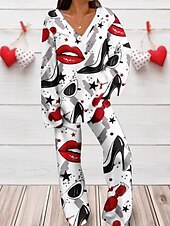 billiga grafiska sovkläder-Valentin Kvinnors Loungewear Set 2 Delar Hjärta Mode Komfort Mjuk Hem Daglig Spandex Andningsbar V-Dra Lång Ärmar T shirt Tee Byxor Sommar Vår Hem Kläder