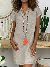 economico disegnare abiti in cotone e lino-Per donna Mini Abito Abiti ispirati al lino Abito Bianco Abito Camicia Vestito Casual Essenziale Streetwear Data Vestibilità regolare Manica Corta Collo a Spacco Bianco Giallo Rosa Arancione Estate