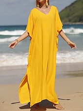 abordables Robes décontractées blanches-robe blanche Robe casual Robe d&#039;été Femme robe longue Fendu Rendez-vous Vacances Plage Maxi basique Col V Demi Manches Ample Noir Blanche Jaune Taille unique