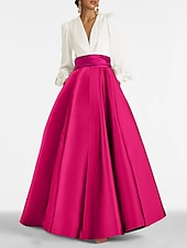 economico viola-Abito da Sera A-Line Elegante Abito per Ospiti di Matrimonio Formale Lunghezza Completa Manica Lunga V Neck Satinato con Pieghe