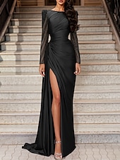 cheap PURPLE-Mermaid Evening Gown Elegant Dress Wedding Guest Black Tie Sweep / Brush Train Long Sleeve Jewel Neck Satin with Ruched Slit Masquerade Dress