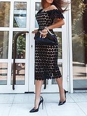 levne Bílé krajkové šaty-Dámské Midi šaty Bílé krajkové svatební šaty Elegantní Večírek Párty Dar Běžný Bez vzoru Krátký rukáv Hranatý Černá Bílá Světlá růžová Léto Jaro Podzim Zima