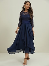 abordables Robe de cocktail-Femme Robe dentelle Robe de bal robe soirée Mousseline de soie Dentelle Patchwork Col Ras du Cou Manches 3/4 Robe mi-longue Formel robe hiver bleu marine Printemps Hiver