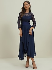 abordables Robe de cocktail-Femme Robe dentelle Robe de bal robe soirée Mousseline de soie Dentelle Patchwork Col Ras du Cou Manches 3/4 Robe mi-longue Formel robe hiver bleu marine Printemps Hiver
