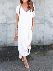 preiswerte T Shirt-Kleider-Damen Casual kleid kleid lang Baumwolle Tasche Gespleisst Verabredung Maxi Basic V Ausschnitt Kurzarm Schwarz Weiß Rosa Farbe