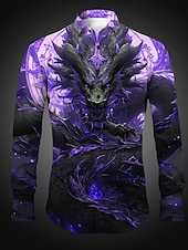 economico Stampa animal-Per uomo Drago Camicia Camicia con bottoni Manica lunga Astratto Da tutti i giorni Per uscire Primavera estate Collo ripiegabile Stampa Bottone giù Rosso Uva Blu Verde scuro Viola