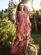 baratos vestido casual estampado-vestido maxi com estampa floral e decote em V