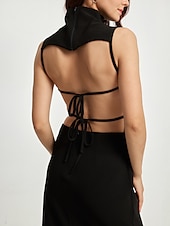 ieftine rochie midi neagra-rochie neagra dama rochie fara maneci cu crapatura inalta rochie de petrecere midi cu gat inalt