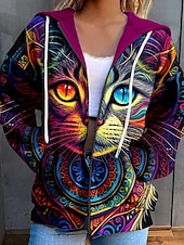 abordables Sudadera-Sudadera con capucha y cremallera para mujer, sudadera deportiva informal con estampado de gato, cordón, cremallera, ropa deportiva divertida, sudadera con capucha de manga larga, microelástica,