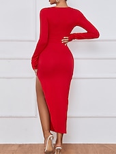 ieftine rochie midi neagra-Pentru femei Rochie neagra Rochie de bal Rochie de petrecere Crăpătură Eliminat În V Manșon Lung Rochii Midi Rochie de iarnă Invitat la nunta Oficial Negru Roșu-aprins Vară Primăvară