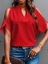 voordelige Sexy topjes voor dames-Overhemd Blouse Dames Wit Rood Groen Bloemig Effen Uitknippen Casual Modieus V-hals Normale pasvorm S