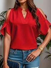 voordelige Sexy topjes voor dames-Overhemd Blouse Dames Wit Rood Groen Bloemig Effen Uitknippen Casual Modieus V-hals Normale pasvorm S