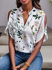voordelige Sexy topjes voor dames-Overhemd Blouse Dames Wit Rood Groen Bloemig Effen Uitknippen Casual Modieus V-hals Normale pasvorm S