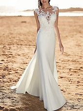 cheap Casual Wedding Dresses-Beach Wedding Beach Open Back Wedding Dresses Mermaid Illusion Neck Cap Sleeve Court Train Chiffon Bridal Gowns With Appliques 2025